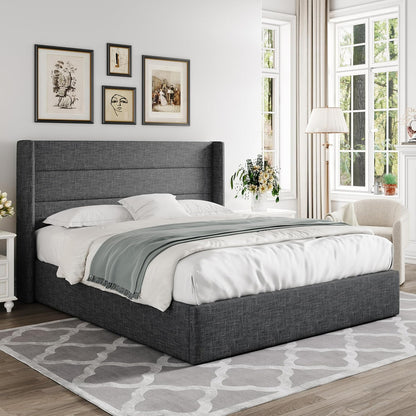 Allewie Queen Size Lift up Storage Bed, Modern Wingback Headboard, Hydraulic Support, Light Beige