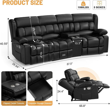 3 Seat Reclining Sofa with Storage Drawer USB Ports and Cup Holders Manual Couch