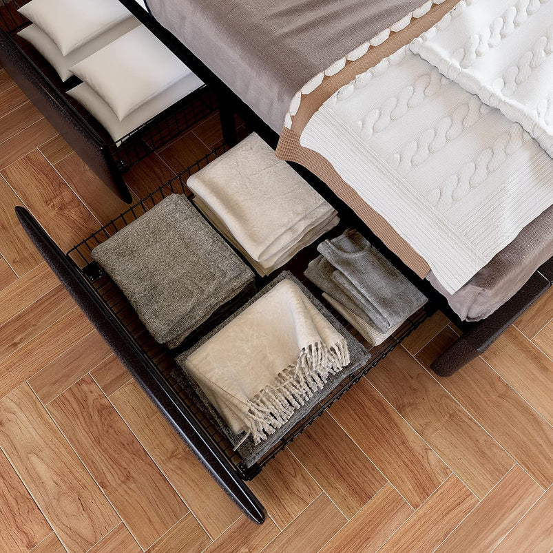 Allewie Upholstered Queen Size Platform Bed Frame with 4 Storage Drawers and Headboard, Square Stitched Button Tufted