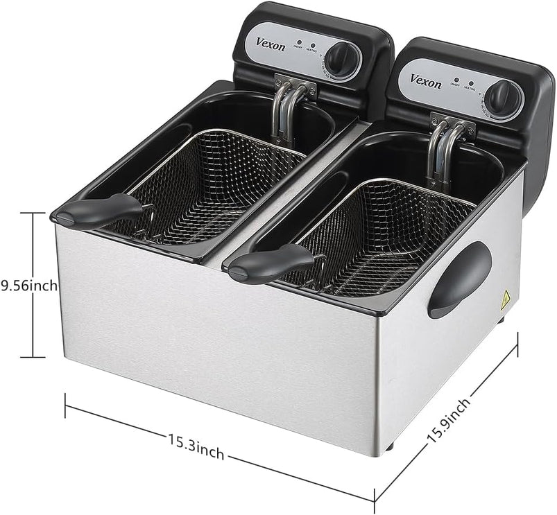 3000W Commercial Electric Deep Fryer with Baskets and Lids, 2x3L Stainless Steel Double Deep Fryer, Small Deep Fryer with Basket, Temperature Control