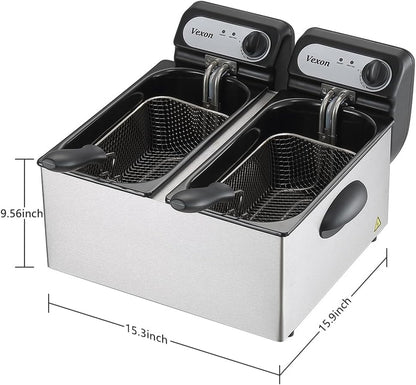 3000W Commercial Electric Deep Fryer with Baskets and Lids, 2x3L Stainless Steel Double Deep Fryer, Small Deep Fryer with Basket, Temperature Control