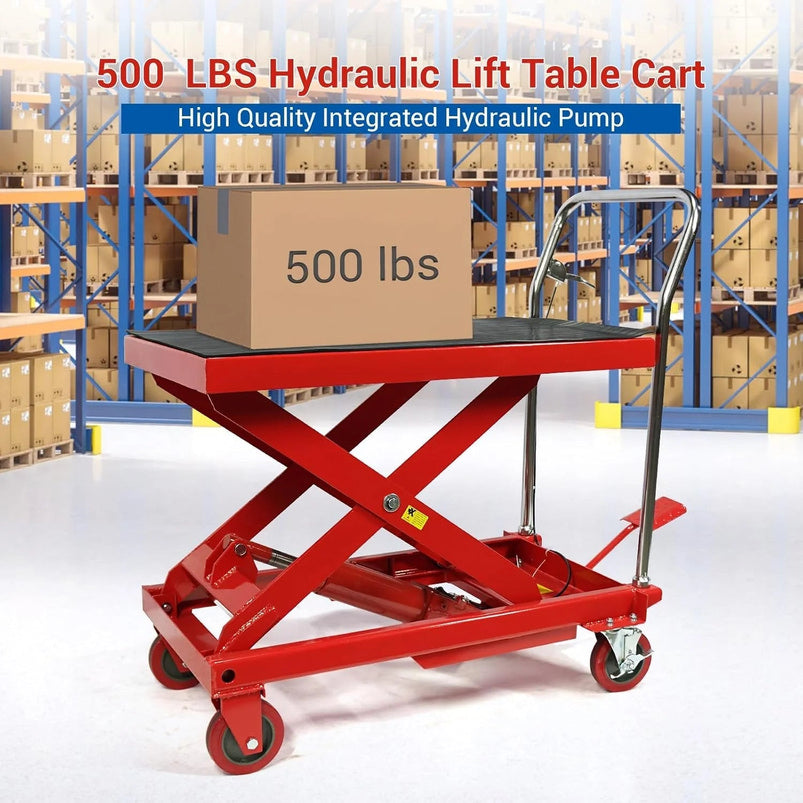 500LBS Hydraulic Lift Table Cart, 30" Lifting Height., Double Scissor Lift Table with 4 Wheels and Non-Slip Pad