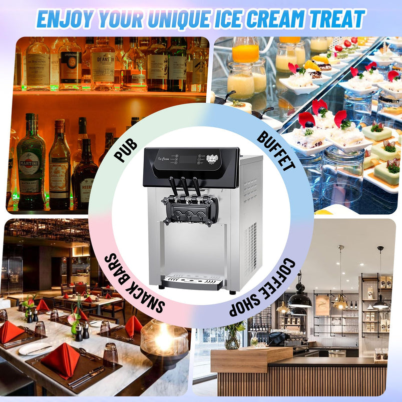 2200W Commercial 3 Flavor Soft Serve Ice Cream Machine, 5.3-7.4 Gal/Hr, with LCD Touch Screen, Automatic Cleaning, for Home Snack Bar and Restaurants
