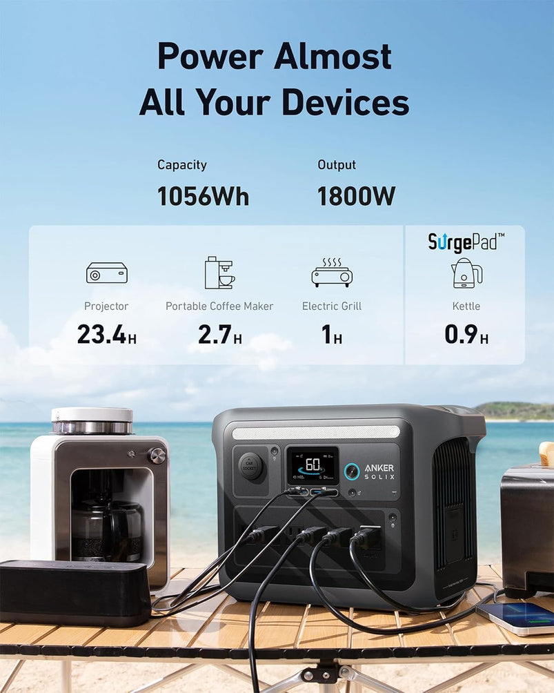 Solix C1000 Portable Power Station with 200W Solar Panel, 1800W Solar Generator, 1056Wh LFP LiFePO4 Battery, 6 AC Outlets, up to 2400W for Home