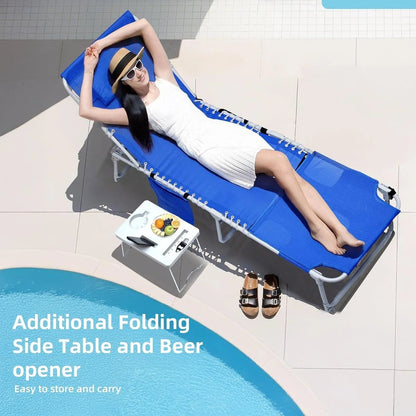 3-in-1 Outdoor Sun Tanning Lounge Chair with Face Hole 5-Position Recliner, Folding Side Table and Removable Pillow, 330lbs Capacity, Blue