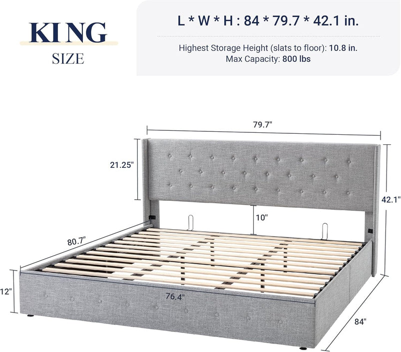 Allewie Queen Size Lift up Storage Bed, Modern Wingback Headboard, Hydraulic Support, Light Beige