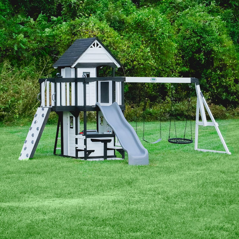 Backyard Discovery Canyon Creek Cedar Wood Swing Set with Wave Slide, Clubhouse, Play Kitchen, Picnic Area, Belt Swings, Web Swing, Rock Wall