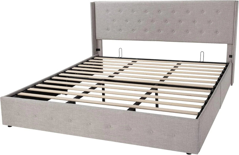 Allewie Queen Size Lift up Storage Bed, Modern Wingback Headboard, Hydraulic Support, Light Beige