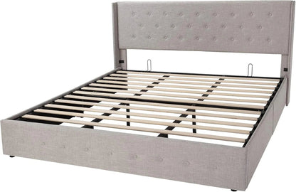 Allewie Queen Size Lift up Storage Bed, Modern Wingback Headboard, Hydraulic Support, Light Beige
