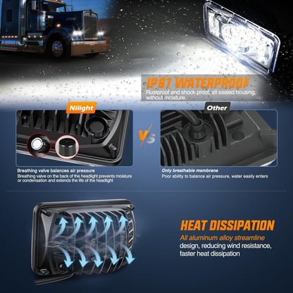 4x6 "LED Headlights 60W Dot Approved Hi/Lo Sealed Beam Rectangular Headlights Replacement H4651 H4652 H4656 H4666 H6545 Compatible Kenworth Peter