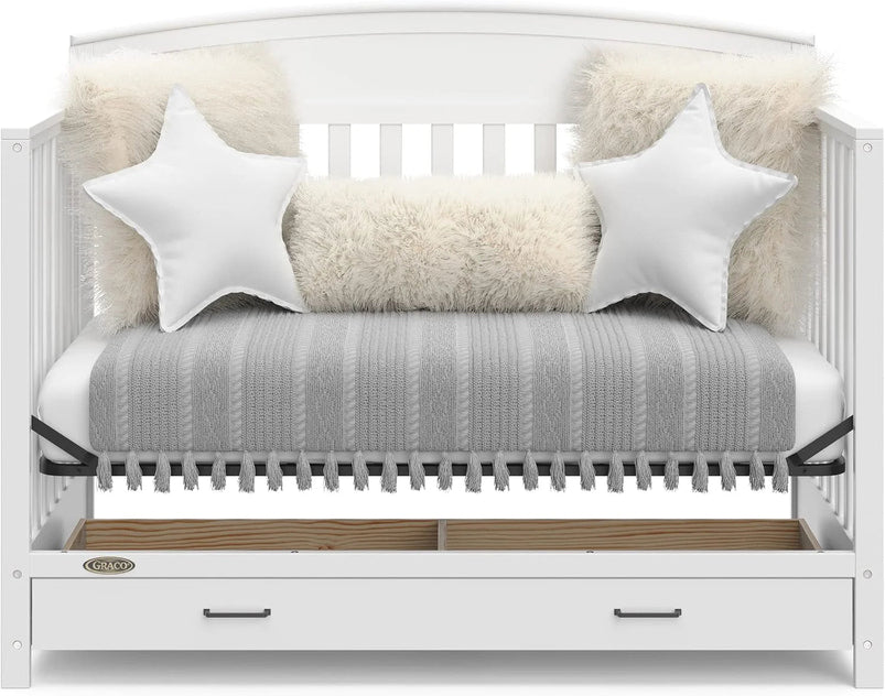 5-in-1 Convertible Baby Bed with Drawers, White, Green Guardian Gold Certification, Built-in Baby Bed Storage Drawer, Convertible to Toddler Bed