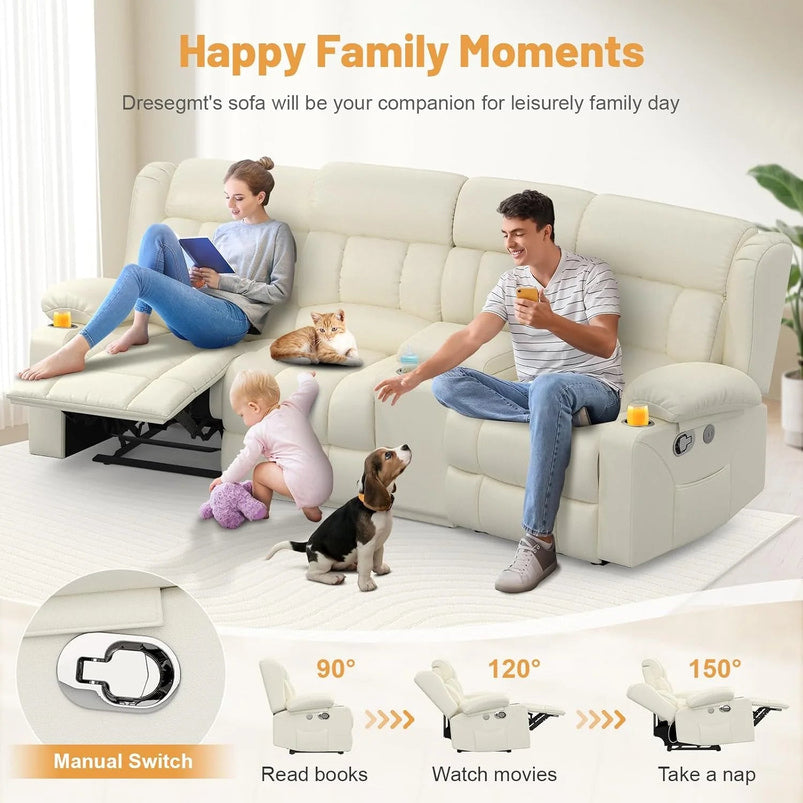 3 Seat Reclining Sofa with Storage Drawer USB Ports and Cup Holders Manual Couch