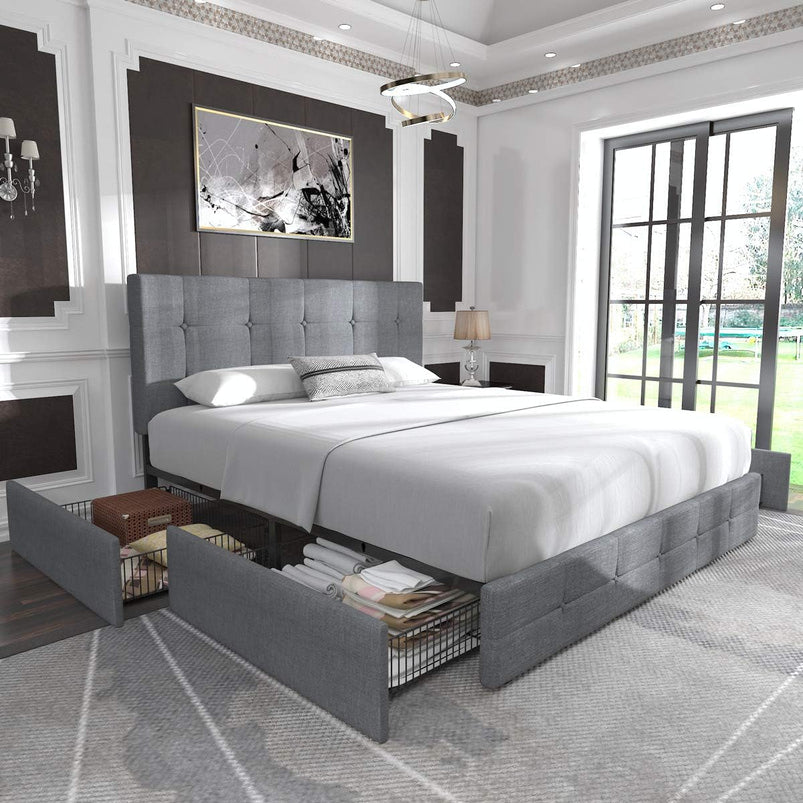 Allewie Upholstered Queen Size Platform Bed Frame with 4 Storage Drawers and Headboard, Square Stitched Button Tufted