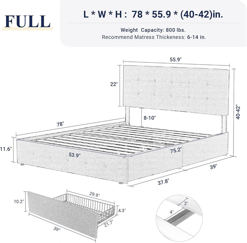Allewie Upholstered Queen Size Platform Bed Frame with 4 Storage Drawers and Headboard, Square Stitched Button Tufted