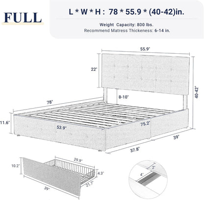 Allewie Upholstered Queen Size Platform Bed Frame with 4 Storage Drawers and Headboard, Square Stitched Button Tufted