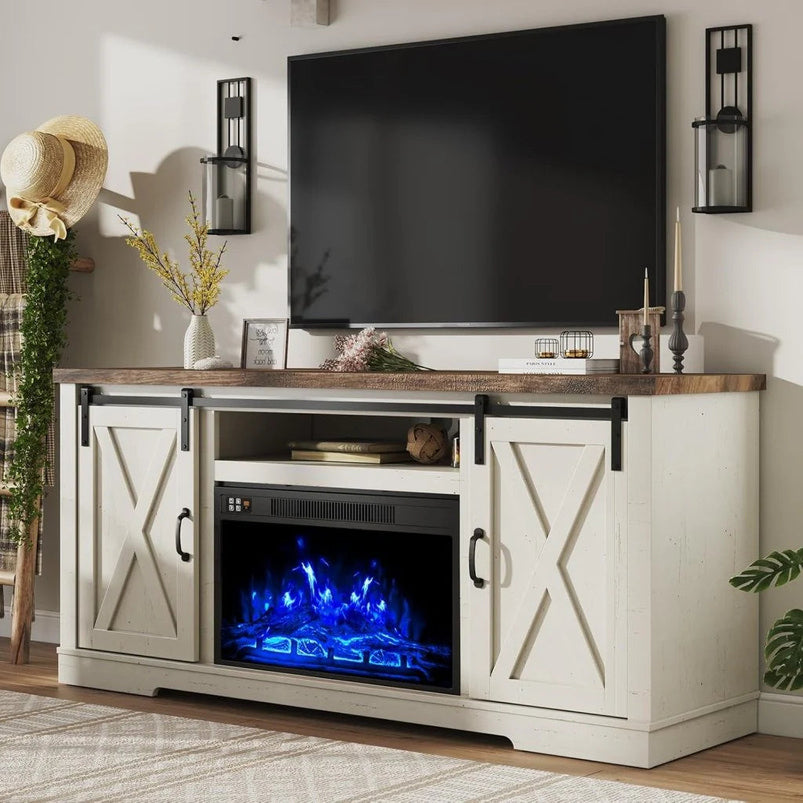 Amerlife Fireplace TV Stand with Sliding Barn Door for Tvs up to 73"