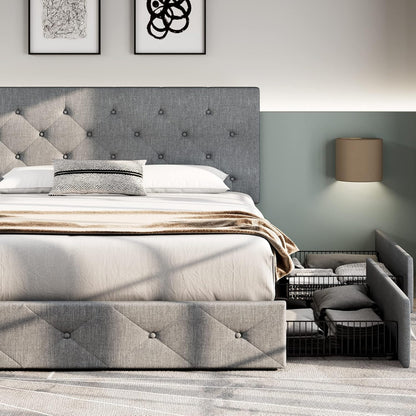 Allewie Upholstered Queen Size Platform Bed Frame with 4 Storage Drawers and Headboard, Square Stitched Button Tufted