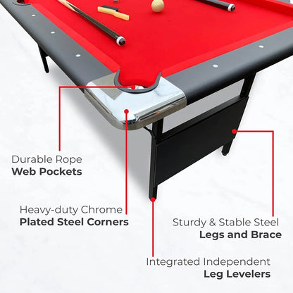 6 Ft Portable Pool Table, Adults Folding Billiards Tables for Game Room with Easy Foldable Storage, Includes Full Set of Billiard Balls, Cues