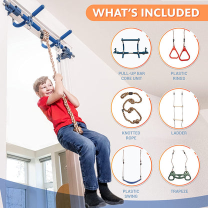 6 Piece Indoor Doorway Gym Set for Kids, Indoor Swing for Kids Includes Kids Swing Chair, Rings, Hanging Trapeze, Ladder, Swinging Rope and Pullup Bar