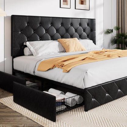 Allewie Upholstered Queen Size Platform Bed Frame with 4 Storage Drawers and Headboard, Square Stitched Button Tufted