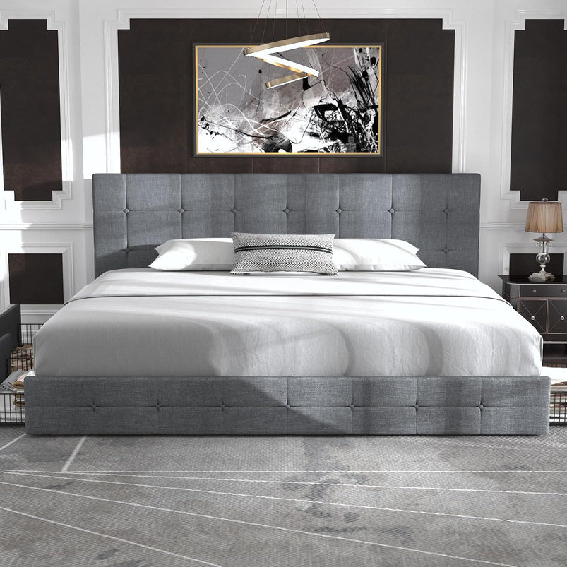 Allewie Upholstered Queen Size Platform Bed Frame with 4 Storage Drawers and Headboard, Square Stitched Button Tufted