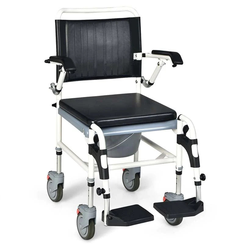 4 in 1 Bedside Commode Chair Shower Wheelchair with Detachable Bucket Padded Mobile Toilet Chair, Comfortable and Ergonomic Design