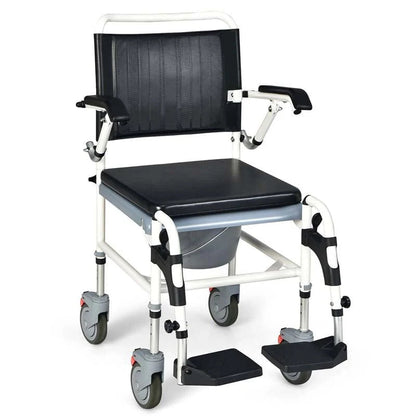 4 in 1 Bedside Commode Chair Shower Wheelchair with Detachable Bucket Padded Mobile Toilet Chair, Comfortable and Ergonomic Design