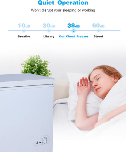3.5 Cu. Ft. Chest Freezer with a Removable Basket 7 Gears Adjustable Temperature Control -18 Degree F to -46 Degree F, Deep Compact Freezer for Garage