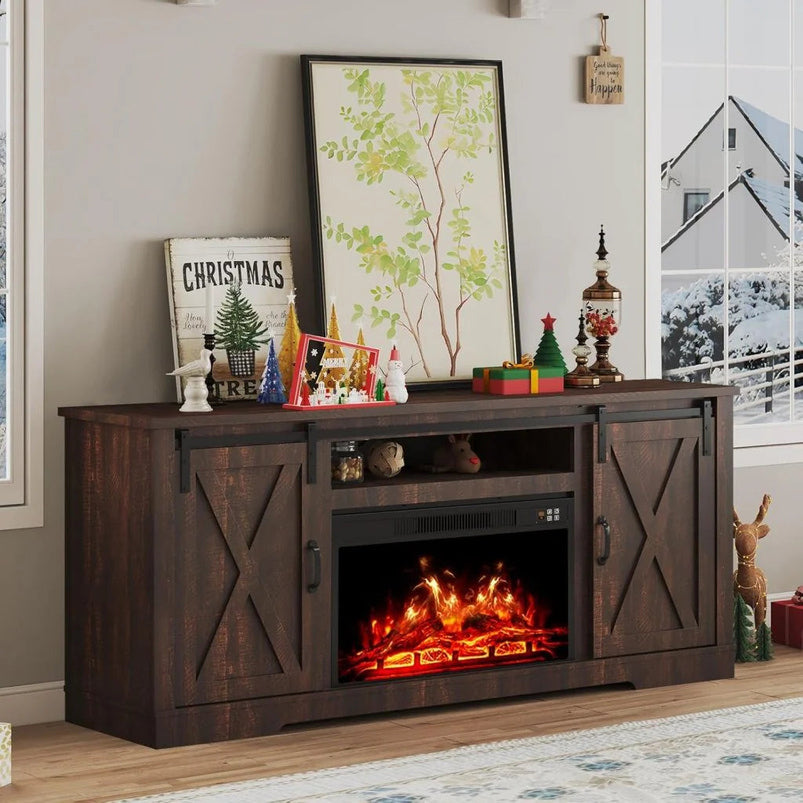 Amerlife Fireplace TV Stand with Sliding Barn Door for Tvs up to 73"