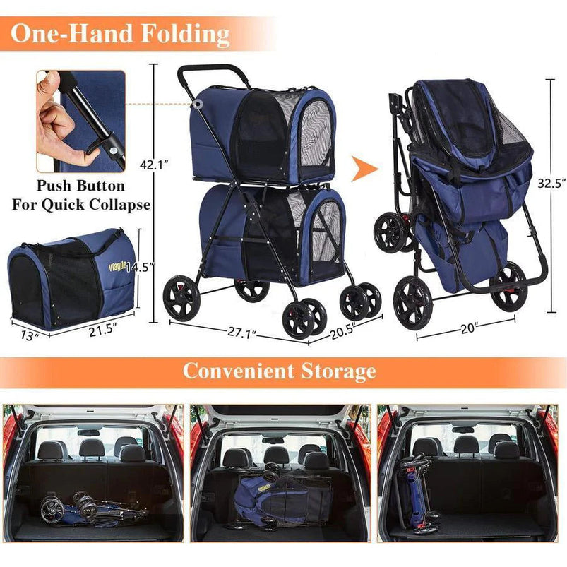 42 Double Pet Stroller for 2 Dogs and Cats, 4 Wheels Dog Strollers Folding Travel Cat Stroller with Suspension System, Navy Blue
