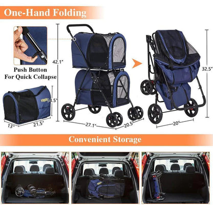 42 Double Pet Stroller for 2 Dogs and Cats, 4 Wheels Dog Strollers Folding Travel Cat Stroller with Suspension System, Navy Blue