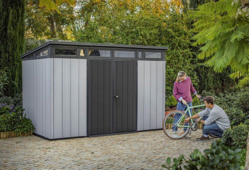 Keter Artisan 11x7 Modern Resin Outdoor Storage Shed Kit-Perfect to Store Patio Furniture, Garden Tools Bike Accessories, Beach Chairs and Lawn Mower