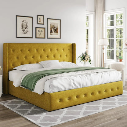 Allewie Queen Size Lift up Storage Bed, Modern Wingback Headboard, Hydraulic Support, Light Beige