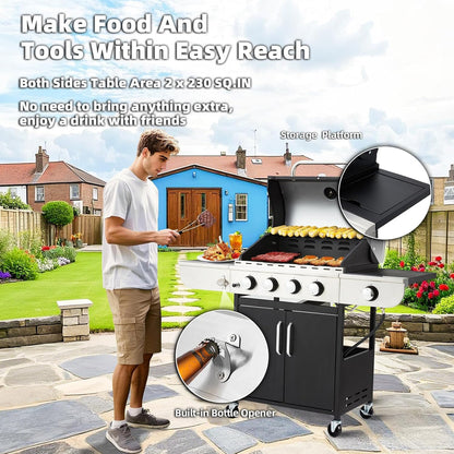 Upgraded 4 Burner BBQ Propane Gas Grill with Cast Iron Grates and Side Stove, 44, 000 BTU Stainless Steel Burner Barbecue Grill for Patio, Camping