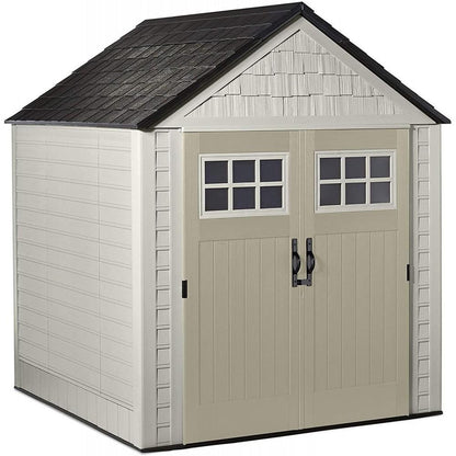7x7 Ft Durable Weather Resistant Resin Outdoor Garden Storage Shed with Windows and Utility Hooks, Sand