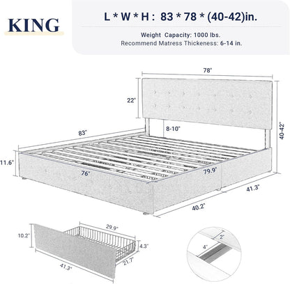 Allewie Upholstered Queen Size Platform Bed Frame with 4 Storage Drawers and Headboard, Square Stitched Button Tufted