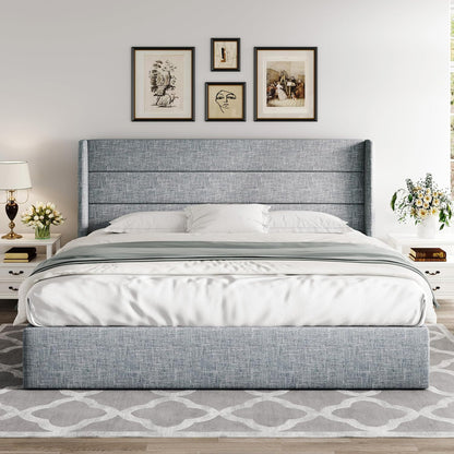 Allewie Queen Size Lift up Storage Bed, Modern Wingback Headboard, Hydraulic Support, Light Beige