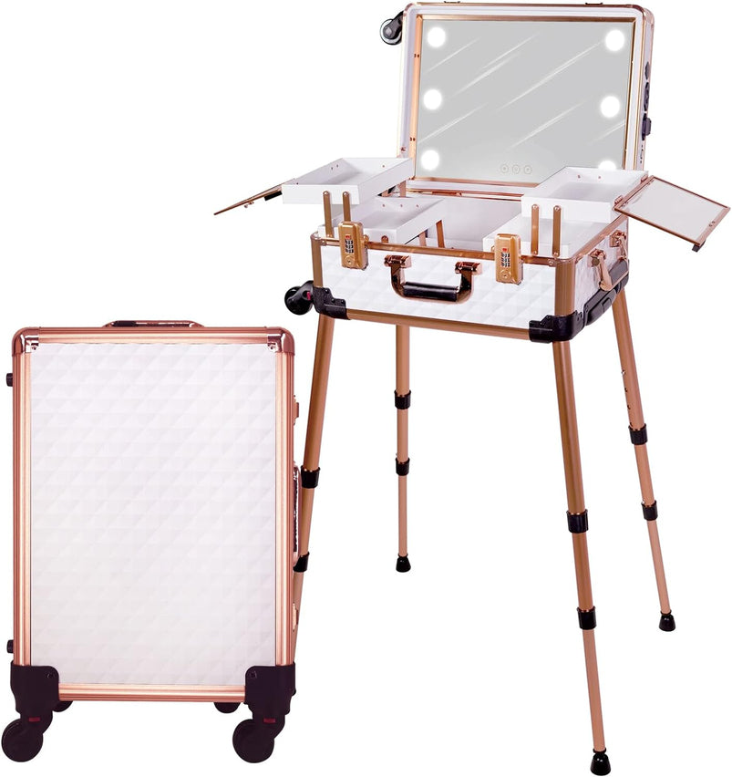 Medium Makeup Train Case with Code Lock, Lighted Mirror, Speaker Travel Cosmetic Organizer Box, Professional Artist Trolley Studio Free Standing Case