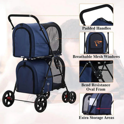 42 Double Pet Stroller for 2 Dogs and Cats, 4 Wheels Dog Strollers Folding Travel Cat Stroller with Suspension System, Navy Blue
