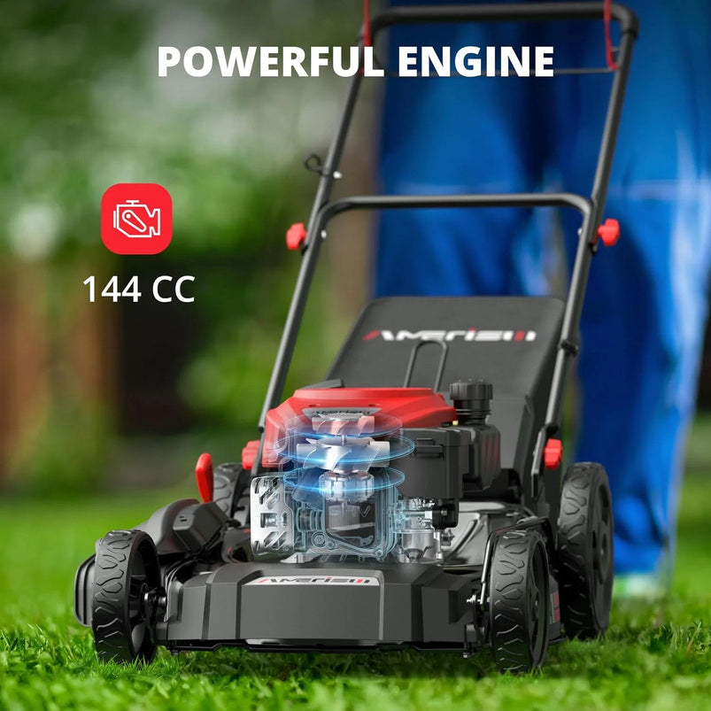21" Steel Deck Gas Lawn Mower, Heavy-Duty 3-in-1 Push Mower, 144cc 4-Stroke Engine, 6-Position Height Adjustment, Large 1.4 Bushel Grass Catcher