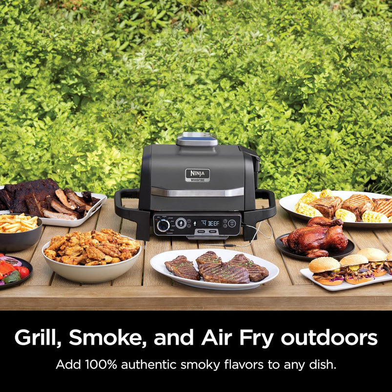7-in-1 Grill and Smoker with Thermometer, Air Fryer, BBQ, Bake, Roast, Broil, Portable Electric Outdoor Grill, Grey