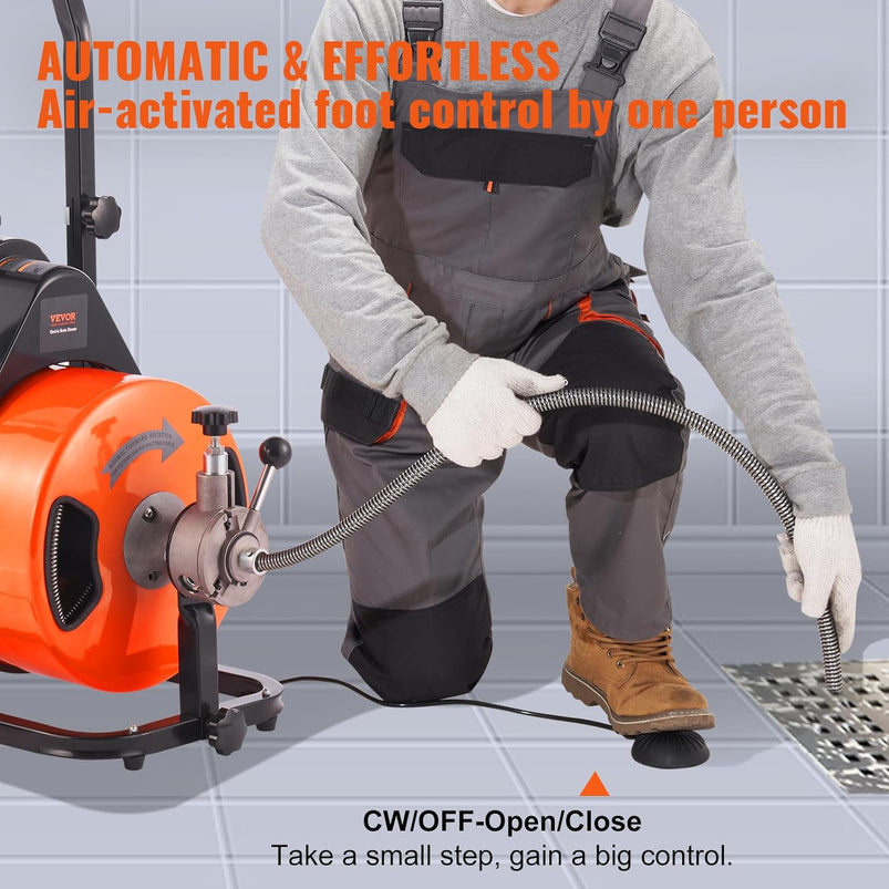Drain Cleaner Machine 100FT x 1/2Inch, Auto Feed Sewer Snake Auger with 4 Cutter and Air-Activated Foot Switch for 1" to 4" Pipes, Orange, Black