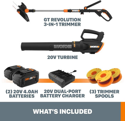 20V GT Revolution 12" 4.0Ah Cordless String Trimmer and Turbine Leaf Blower Power Share Combo Kit, WG930.3 Batteries and Charger Included