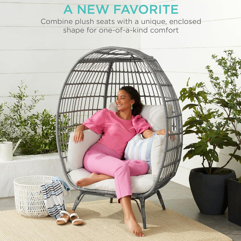Best Choice Products Wicker Egg Chair, Oversized Indoor Outdoor Lounger for Patio, Backyard, Living Room W/ 4 Cushions, Steel Frame, 440lb Capacity