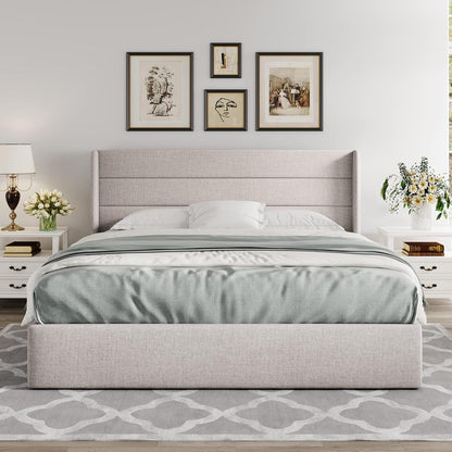 Allewie Queen Size Lift up Storage Bed, Modern Wingback Headboard, Hydraulic Support, Light Beige
