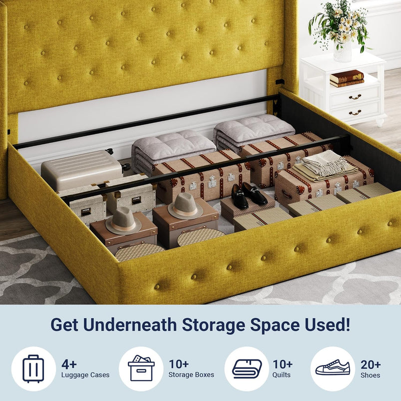 Allewie Queen Size Lift up Storage Bed, Modern Wingback Headboard, Hydraulic Support, Light Beige