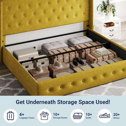Allewie Queen Size Lift up Storage Bed, Modern Wingback Headboard, Hydraulic Support, Light Beige