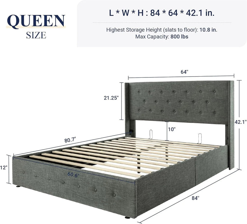 Allewie Queen Size Lift up Storage Bed, Modern Wingback Headboard, Hydraulic Support, Light Beige