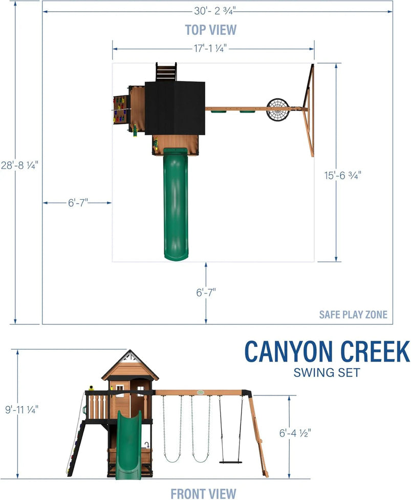 Backyard Discovery Canyon Creek Cedar Wood Swing Set with Wave Slide, Clubhouse, Play Kitchen, Picnic Area, Belt Swings, Web Swing, Rock Wall