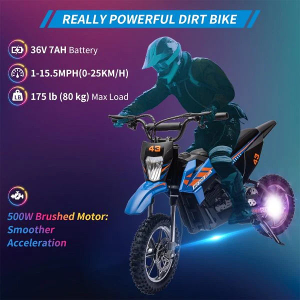 36V Kids Electric Dirt Bike, 36V, 350W, 15.5MPH, LED, 175lbs Max, Blue